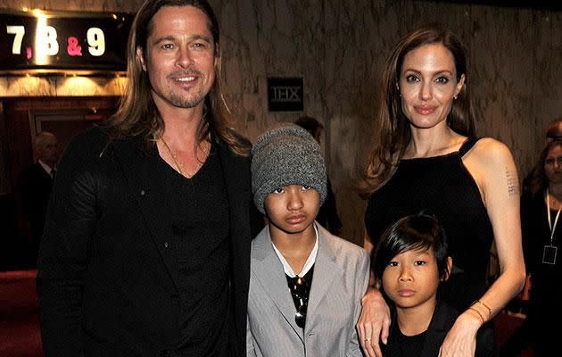 Brad Pitt, Maddox Jolie-Pitt, Pax Jolie-Pitt and Angelina Jolie. Source: Getty