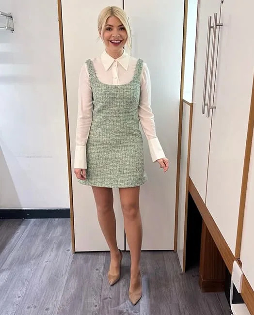 holly willoughby in green tweed mini dress and white shirt
