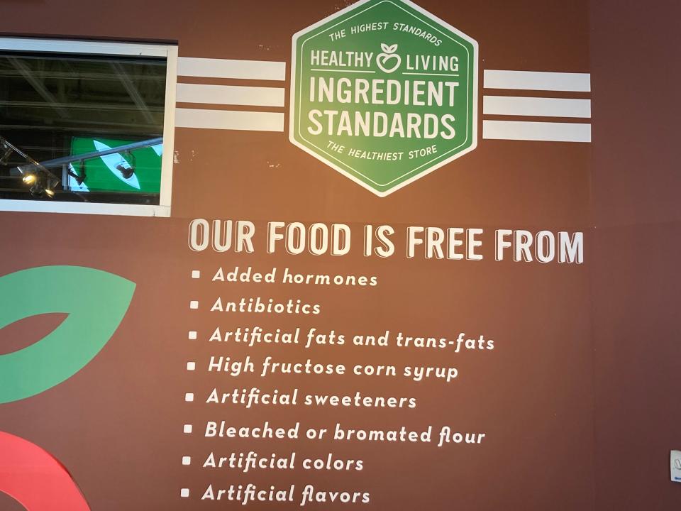 A sign at Healthy Living Market & Cafe near Saratoga Springs, New York, shown April 14, 2022, explains the philosophy of the Vermont-based business.