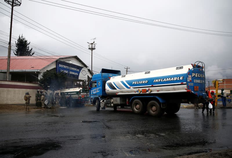 FILE PHOTO: A gasoline tank truck is seen at the petrol plant of Senkata, that normalizes fuel distribution in El Alto outskirts of La Paz