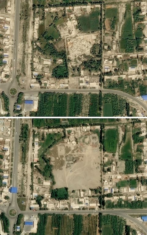 a picture from August 29, 2017 (top) showing a cemetery (C) and the same view on July 5, 2019 with no sign of the facility in Xayar, Xinjiang province - Credit: AFP