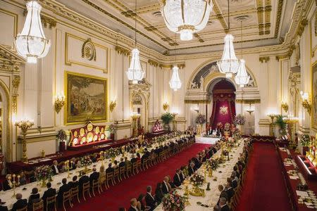 Guests in the ballroom at Buckingham Palace, London, as King Felipe VI of Spain and Queen Elizabeth II attend the state banquet for the King's State Visit to the UK Wednesday July 12, 2017. REUTERS/Dominic Lipinski/PA Wire/Pool