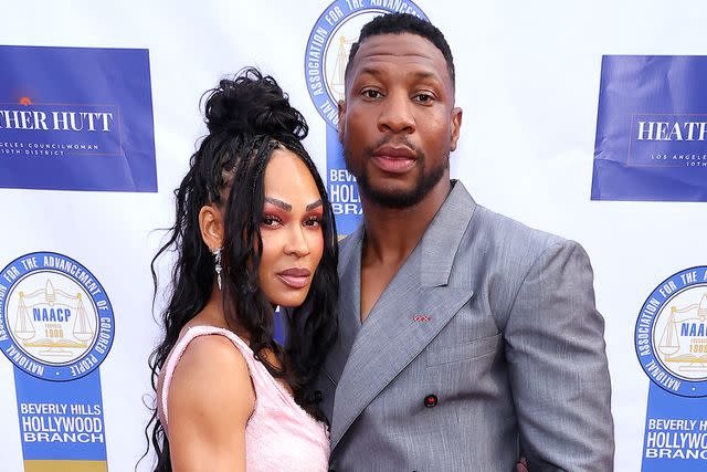 <p>Leon Bennett/Getty </p> Meagan Good and Jonathan Majors