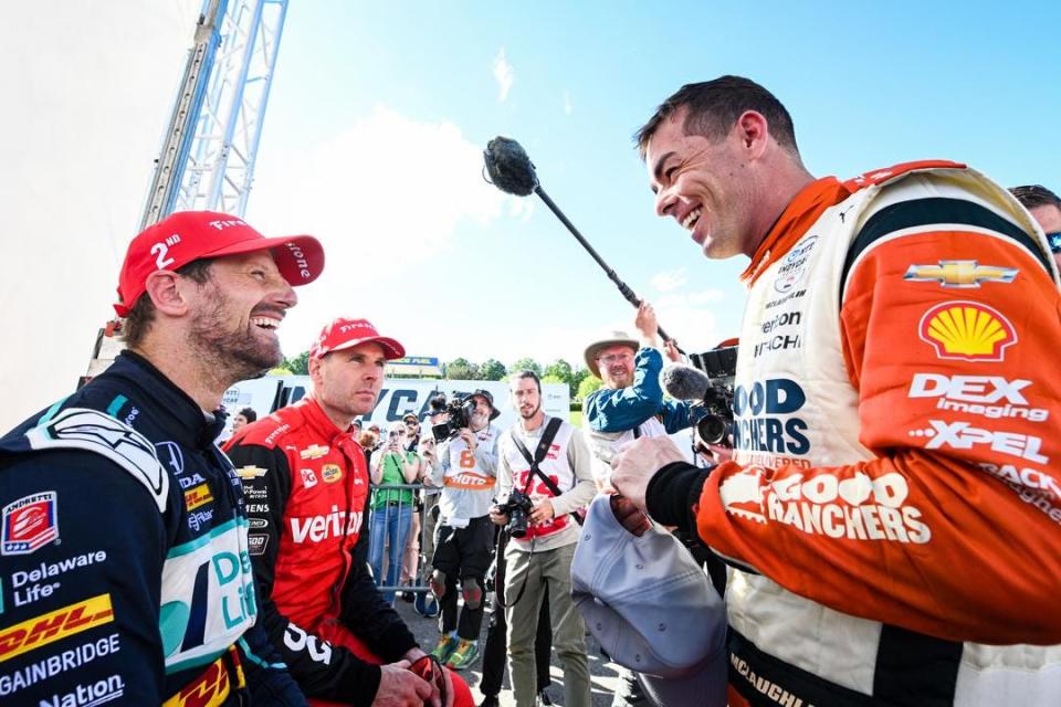 After their battle for the lead at St. Pete that left them both in the tires, Scott McLaughlin (right) and Romain Grosjean (left) traded the lead several times at Barber. Both managed to finish on the podium.