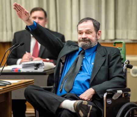 Frazier Glenn Cross, also known as Glenn Miller, reacts after being found guilty of three counts of capital murder in Johnson County Courthouse in Olathe, Kansas, in this August 31, 2015, file photo. REUTERS/Alison Long/Pool