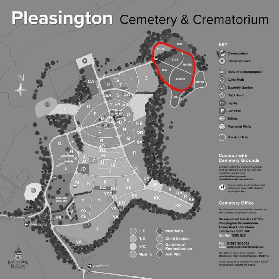 Lancashire Telegraph: Pleasington Cemetery and Crematorium roads, circled in red, will not be open to vehicles