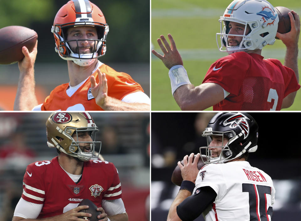 FILE - Clockwise from top left shows Josh Rosen with the Cleveland Browns in 2022, with the Miami Dolphins in 2020, the Atlanta Falcons in 2021 and San Francisco 49ers in 2021. It’s long been held that drafting the right quarterback is a difficult exercise, with the likes of Josh Rosen to JaMarcus Russell serving as wince-worthy examples of the inexact science of it all. (AP Photo/File)