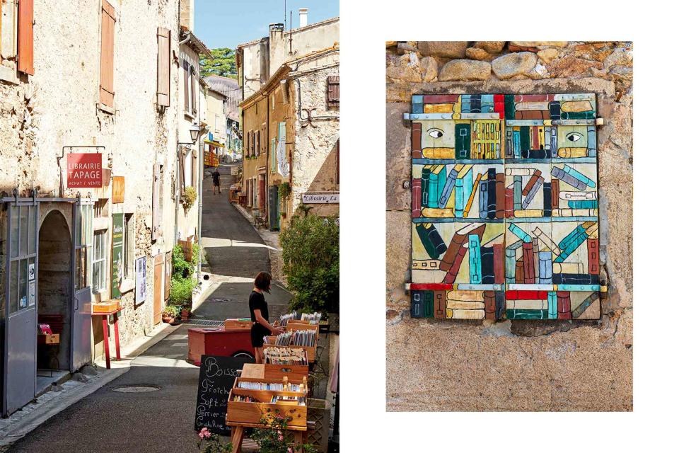 <p>From left: Manuel Lagos Cid/Paris Match/Getty Images; Markus Kirchgessner/laif/Redux</p> From left: Montolieu’s Rue de La Mairie has five used-book stores; painted shutters celebrating Montolieu’s literary leanings.