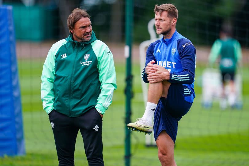 Daniel Farke oversees training at Thorp Arch and speaks to Liam Cooper in his first full day as Leeds United manager on July 5, 2023