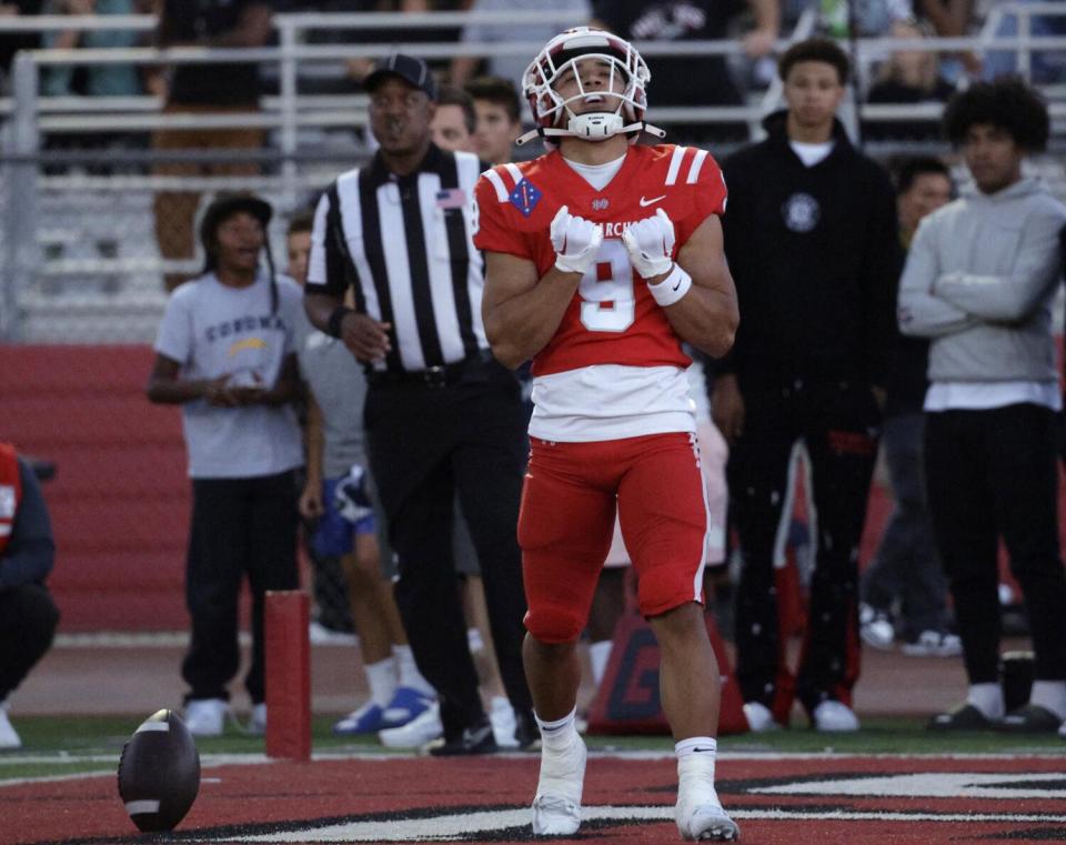 Mater Dei wide receiver Marcus Brown reacts after scoring.