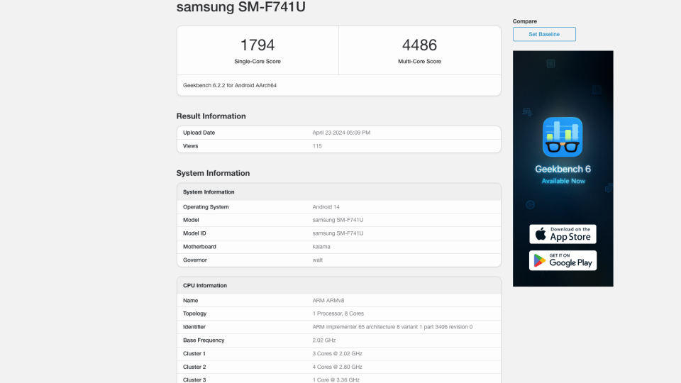 A screenshot of the Geekbench CPU benchmark browser, featuring a result believed to be from the Galaxy Z Flip 6