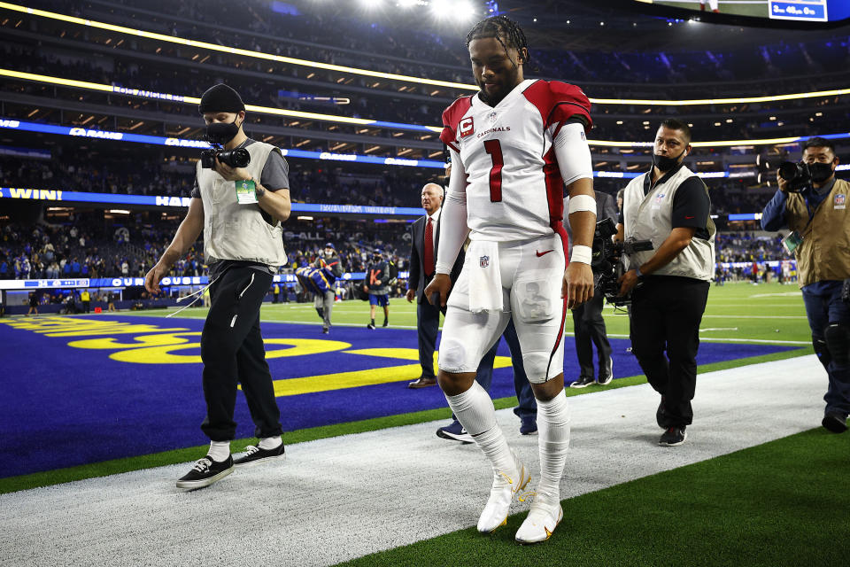 INGLEWOOD, CALIFORNIA - JANUARY 17: Kyler Murray #1 of the Arizona Cardinals walks off the field after losing to the Los Angeles Rams 34-11 in the NFC Wild Card NFL Playoff game at SoFi Stadium on January 17, 2022 in Inglewood, California. (Photo by Ronald Martinez/Getty Images)