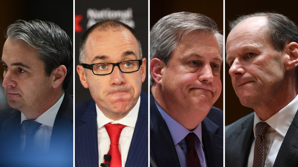An image of current and former Big Four Bank CEOs: Matt Comyn (CBA), Andrew Thorburn (NAB), Brian Hartzer (Westpac), Shayne Elliott (ANZ).