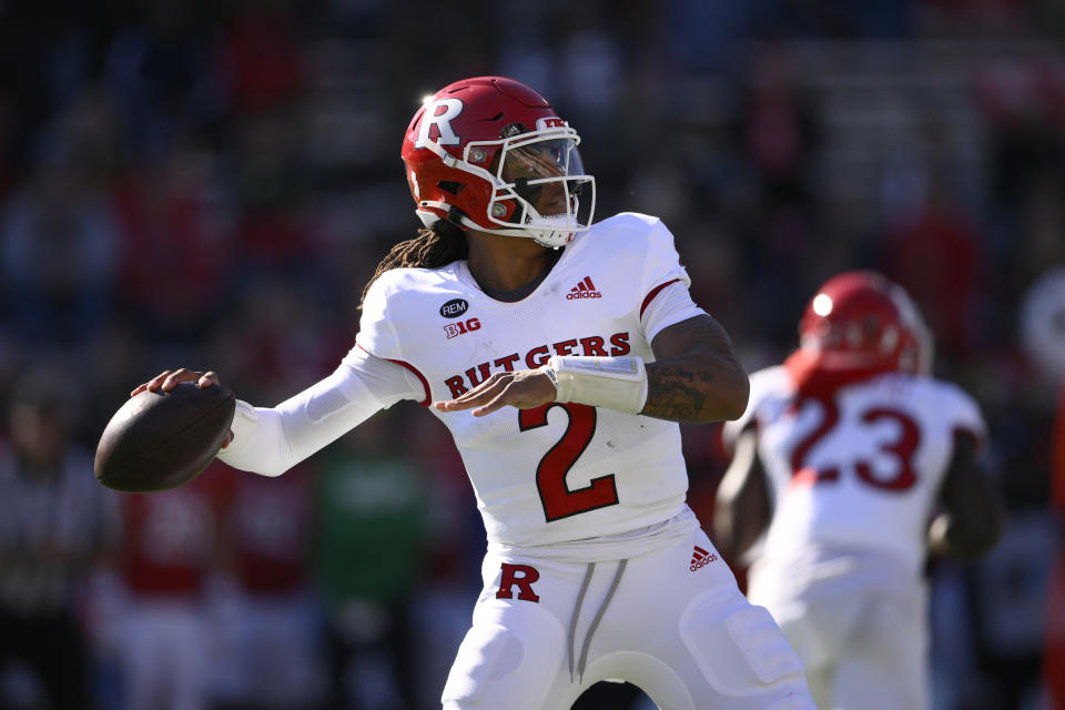 FILE - Rutgers quarterback Gavin Wimsatt (2) throws a pass during the first half of an NCAA college football game against Maryland, Saturday, Nov. 26, 2022, in College Park, Md. (AP Photo/Nick Wass, File)