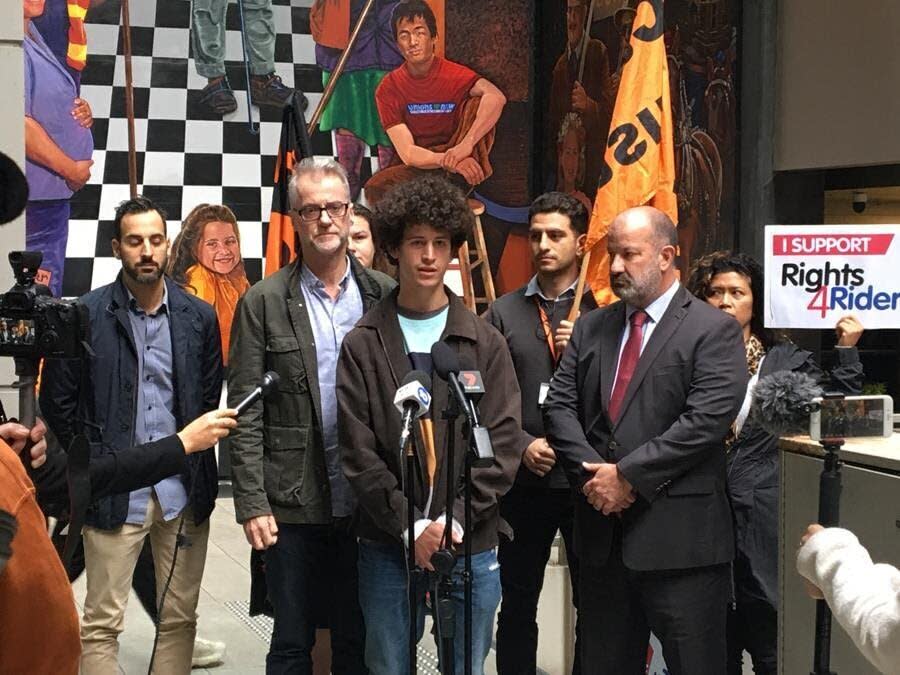 Ex-Foodora driver, Josh Klooger, speaks with TWU's Tony Sheldon (left) and Unions NSW Mark Morey (right). Source: TWU