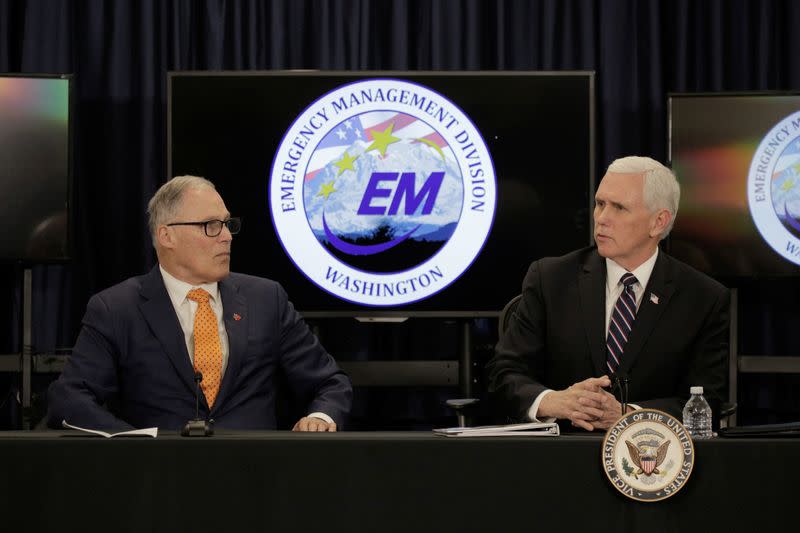 U.S. Vice President Mike Pence, who heads the government's coronavirus task force, speaks during a meeting with Governor Jay Inslee and others at the Pierce County Readiness Center at Camp Murray near Tacoma