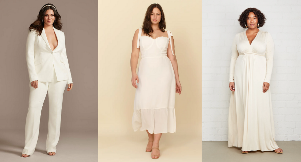 20 plus-size bridal outfits to wear to your civil ceremony (Photos via David's Bridal, Reformation, and Rachel Pally)