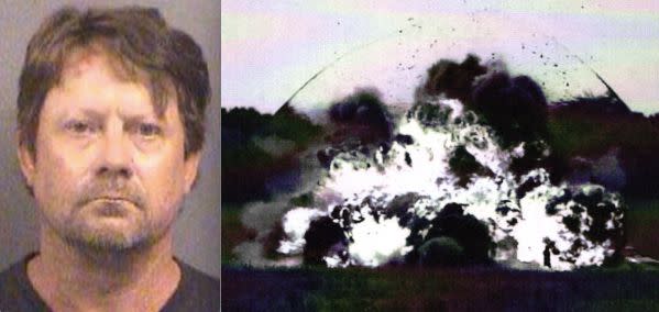 Patrick Stein is on trial in connection with an alleged terrorist plot targeting Muslim refugees in Garden City, Kansas. At right, the FBI conducted a test of what they say the bomb would have done to&nbsp;the apartment building. (Photo: Sedgwick County Sheriff's Office / FBI)