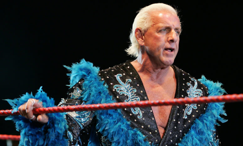 A closeup of Ric Flair entering the ring.