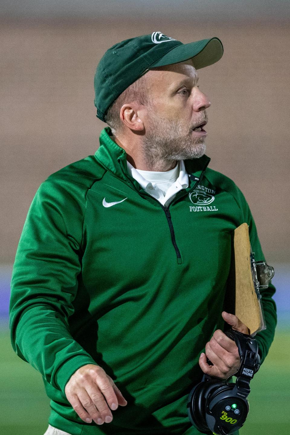 Washington head coach Todd Stammich during the Marian-Washington high school football game on Friday, October 22, 2021, at TCU School Field in South Bend, Indiana.