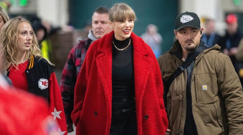 The red teddy coat that launched thousands of Google searches after Taylor Swift wore it to a Chiefs game.