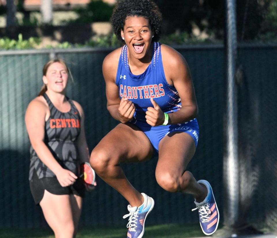 Caruthers’ Nailea Fields reacts after seeing she threw 167.08 feet in the girls discus at the 2023 CIF Central Section Masters track and field meet, held at Veterans Memorial Stadium on Saturday, May 20, 2023 in Clovis.