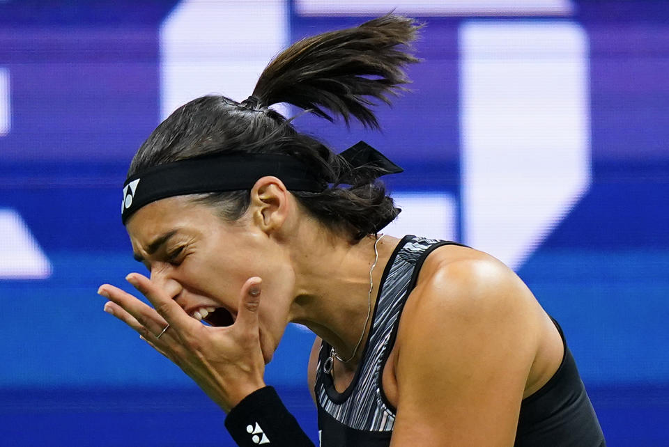Caroline Garcia, of France, reacts during a semifinal match against Ons Jabeur, of Tunisia, during the U.S. Open tennis championships, Thursday, Sept. 8, 2022, in New York. (AP Photo/Frank Franklin II)