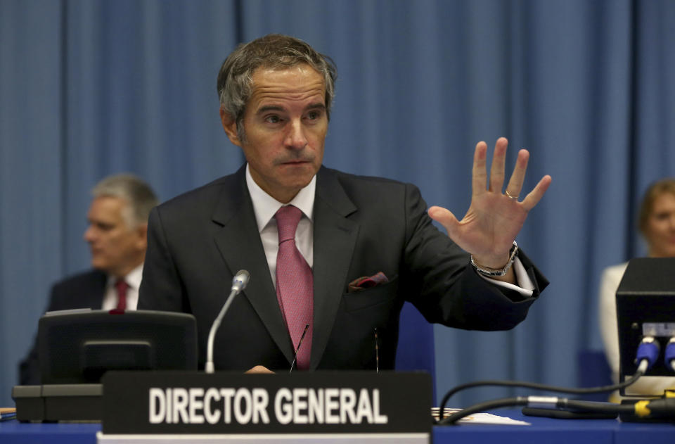 Director General of International Atomic Energy Agency, IAEA, Rafael Mariano Grossi from Argentina, gestures prior to the start of the IAEA board of governors meeting at the International Center in Vienna, Austria, Monday, Sept. 14, 2020. (AP Photo/Ronald Zak)