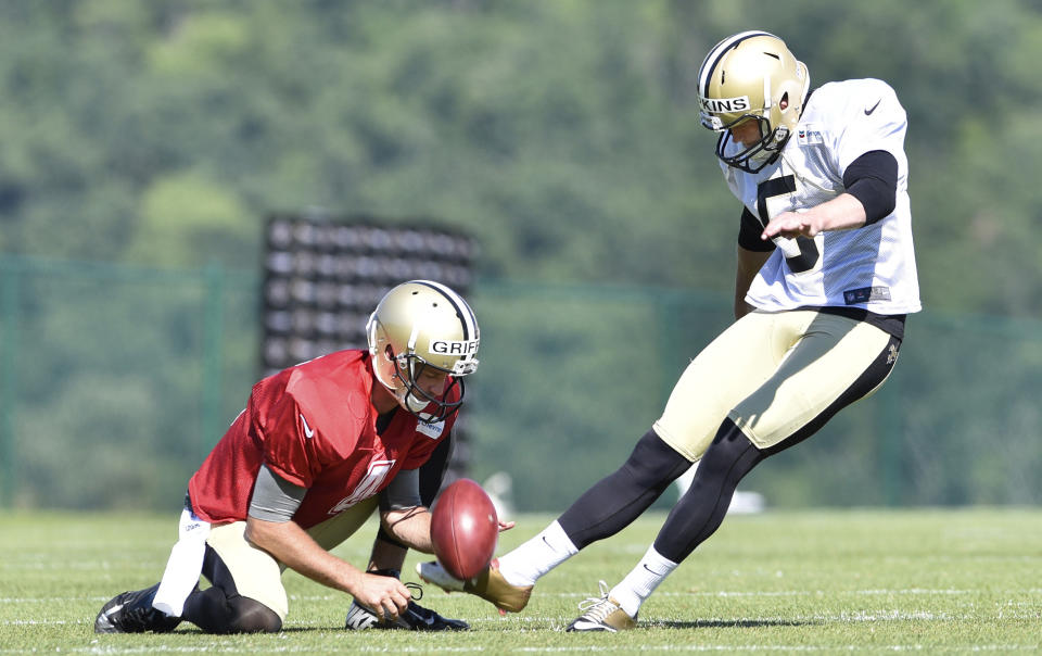 Aug 3, 2015; White Sulphur Springs, WV, USA; New Orleans Saints kicker Dustin Hopkins (5) attempts a field goal during training camp at The Greenbrier. Mandatory Credit: Michael Shroyer-USA TODAY Sports