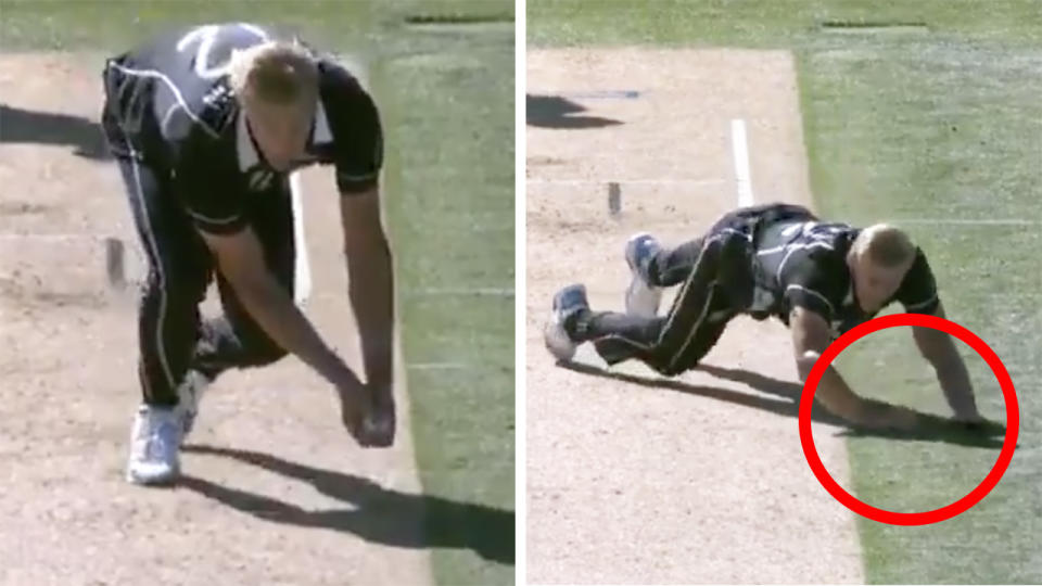 New Zealand's Kyle Jamieson had this caught and bowled overturned, after the ball hit the ground first as he fell to the turf. Pictures: Spark Sports