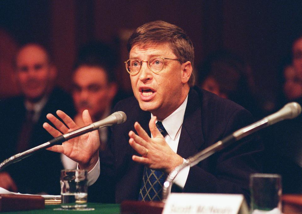 Bill Gates testifies during a Senate Judiciary Committee hearing on market power in the software industry on March 3, 1998.