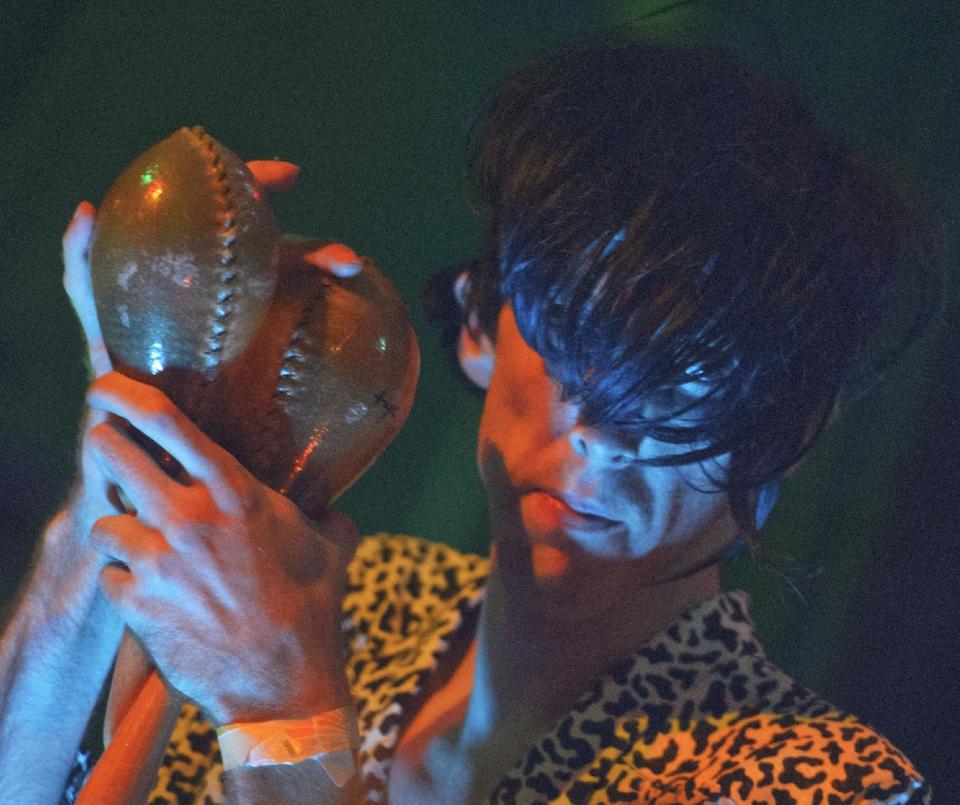 Bradford Cox performs along with other members of the indie rock group Deerhunter, at One Eyed Jack's in the French Quarter in New Orleans, Monday, April 29, 2013. (AP Photo/Matthew Hinton)