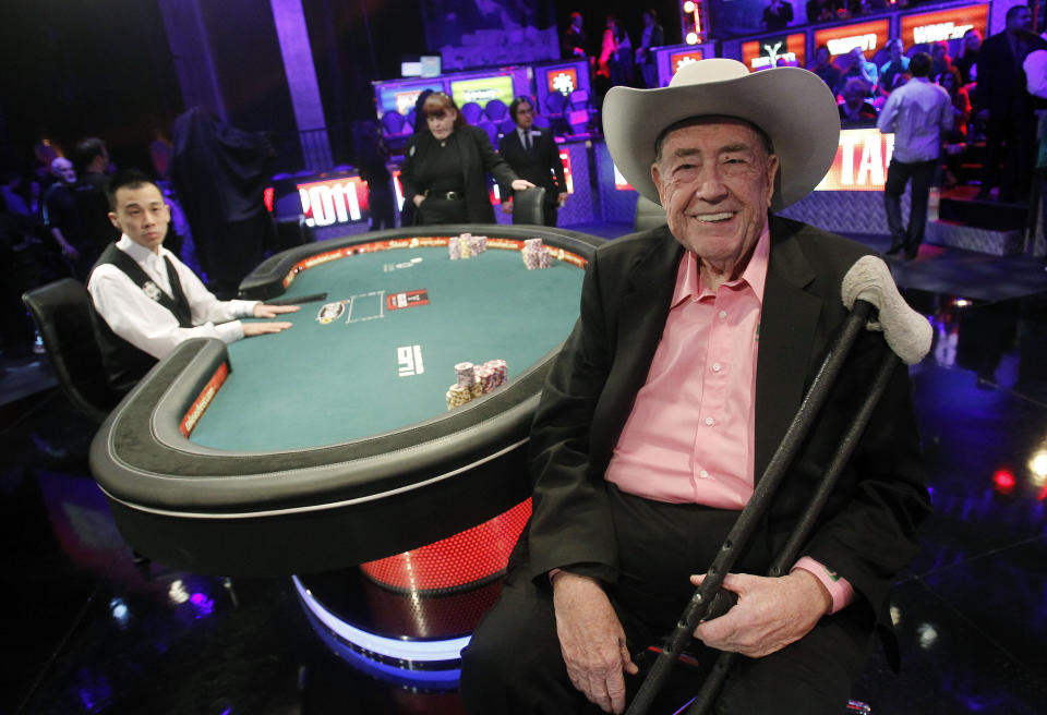 FILE - Doyle Brunson is pictured prior to play at the final table of the World Series of Poker on Nov. 8, 2011, in Las Vegas. Brunson, one of the most influential poker players of all time and a two-time world champion, died Sunday, May 14, 2023, according to his agent. He was 89. (AP Photo/Isaac Brekken, File)