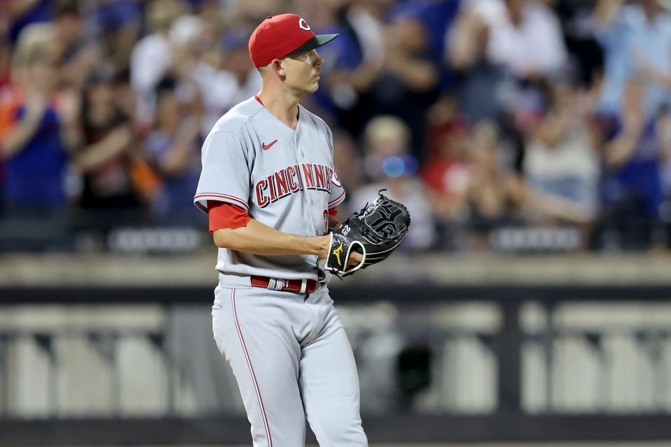 Aug 9, 2022; New York City, New York, USA; Cincinnati Reds starting pitcher Mike Minor (31) reacts after allowing a solo home run to New York Mets left fielder Jeff McNeil (not pictured) during the fourth inning at Citi Field. Mandatory Credit: Brad Penner-USA TODAY Sports