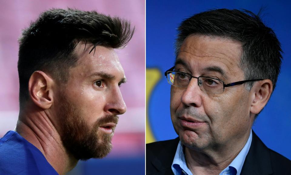 (COMBO) This combination of file pictures created on September 4, 2020 shows Barcelona's Argentinian forward Lionel Messi (L) during the UEFA Champions League quarter-final football match between Barcelona and Bayern Munich at the Luz stadium in Lisbon on August 14, 2020 and Barcelona's president Josep Maria Bartomeu holding a press conference at the Camp Nou stadium in Barcelona on July 5, 2019. - Lionel Messi said on September 4, 2020 he will stay at Barcelona but only because the club's president Josep Maria Bartomeu broke his word to let him leave. Messi's stinging attack on Bartomeu and the club means his future still remains in doubt. (Photos by Manu Fernandez and LLUIS GENE / AFP) (Photo by MANU FERNANDEZ,LLUIS GENE/AFP via Getty Images)