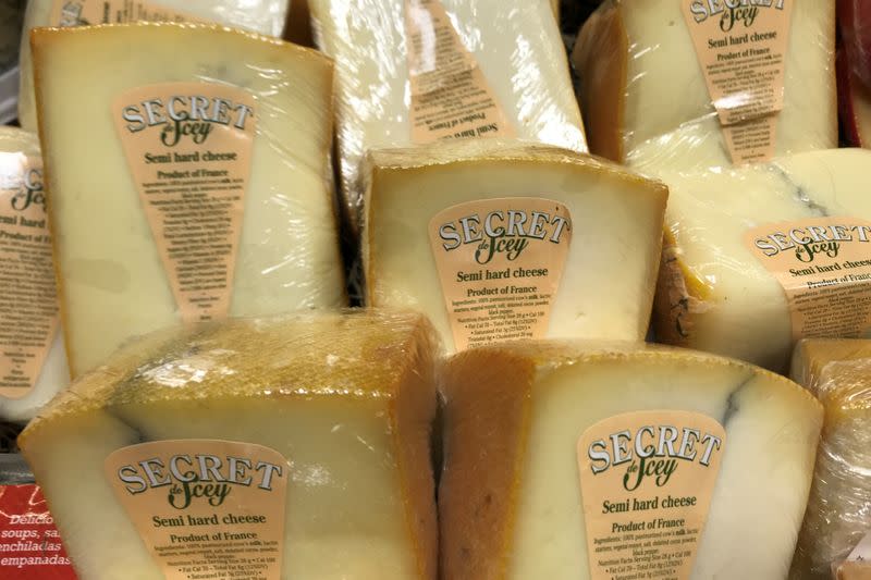 French cheese is displayed for sale at a grocery store in the Manhattan borough of New York City