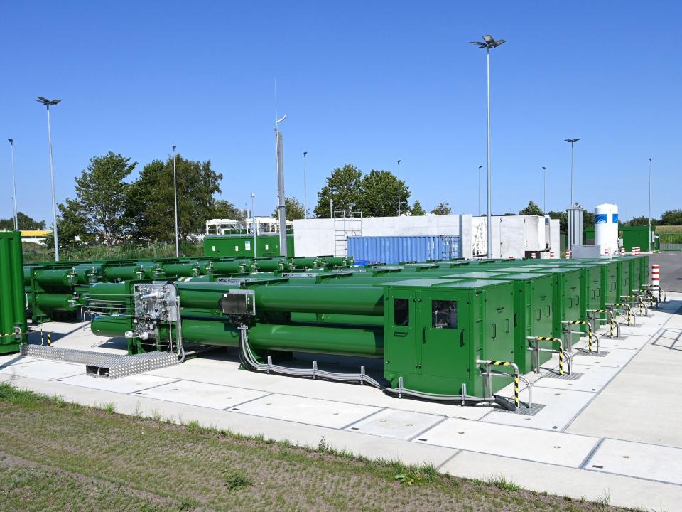 A hydrogen filling station for train powered entirely by hydrogen.