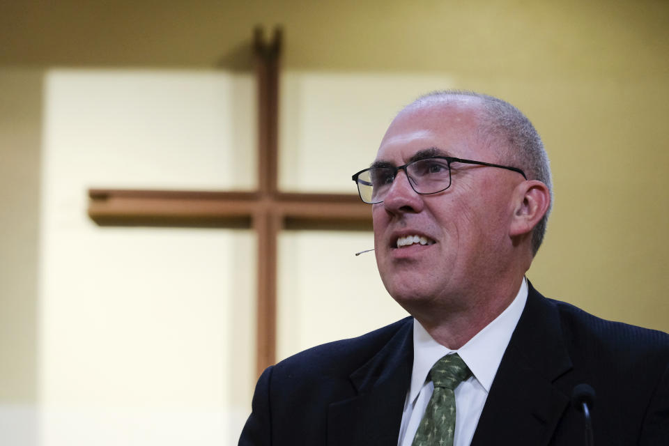 Pastor Bart Barber preaches at First Baptist Church of Farmersville, Texas, on Sunday, Sept. 25, 2022. Barber, the new president of the Southern Baptist Convention, has pastored the Texan congregation of about 320 people since 1999. A staunch theological conservative, Barber touts biblical inerrancy, opposes women serving as pastors and supports abortion bans. (AP Photo/Audrey Jackson)