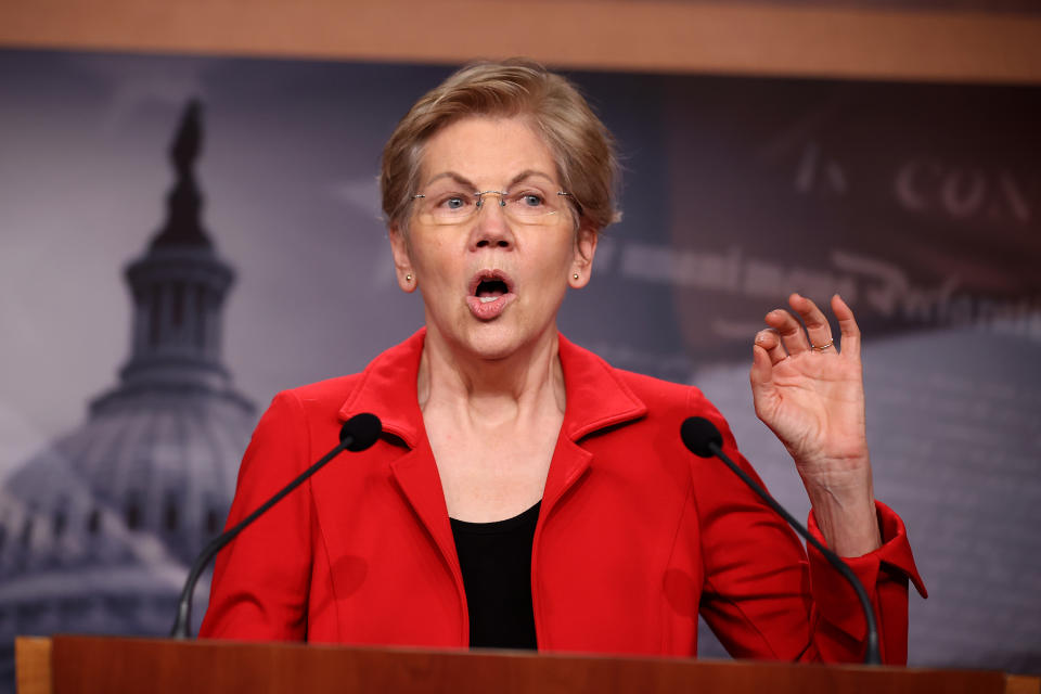 WASHINGTON, DC - MARCH 01: Sen. Elizabeth Warren (D-MA) holds a news conference to announce legislation that would tax the net worth of America's wealthiest individuals at the U.S. Capitol on March 01, 2021 in Washington, DC. Citing growing inequalities during the coronavirus pandemic, Warren, Rep. Pramila Jayapal (D-WA) and Rep. Brendan Boyle (D-PA) introduced the bill that would apply a two-percent tax on people worth more than $50 million and an additional one-percent surcharge for net worth above $1 billion. (Photo by Chip Somodevilla/Getty Images)