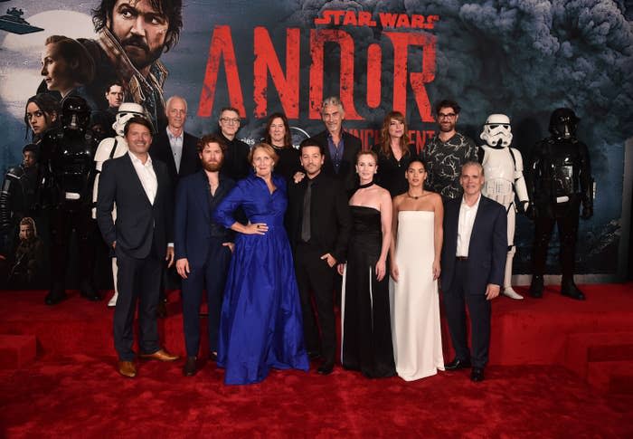 Benjamin Caron, Dan Gilroy, Kyle Soller, Nicholas Britell, Fiona Shaw, Diego Luna, Sanne Wohlenberg, Tony Gilroy, Genevieve O'Reilly, Adria Arjona and John Gilroy on the red carpet