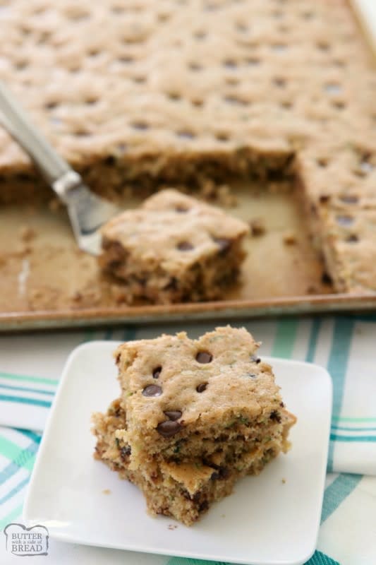 <p>Butter with a Side of Bread</p><p>All the flavors you love in zucchini bread, only they’re super simple to serve and share with a crowd of people.</p><p><strong>Get the recipe: <a href="https://butterwithasideofbread.com/chocolate-chip-zucchini-bars/" rel="nofollow noopener" target="_blank" data-ylk="slk:Chocolate Chip Zucchini Bars;elm:context_link;itc:0;sec:content-canvas" class="link ">Chocolate Chip Zucchini Bars</a></strong></p>