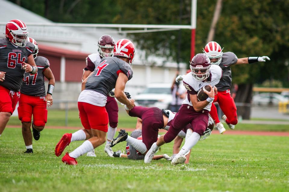 O'Neill's Chad Haley drives down field during the Section 9 football game at Red Hook High School in Red Hook, NY on Saturday, September 9, 2023. O'Neill defeated Red Hook 35 - 21. KELLY MARSH/FOR THE TIMES HERALD-RECORD