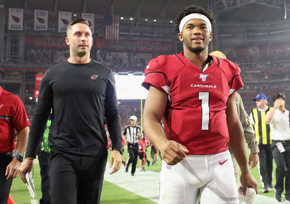 Head coach Kliff Kingsbury and QB Kyler Murray of the Arizona Cardinals walk off the field during an NFL preseason game on Aug. 8, 2019. (Christian Petersen/Getty Images)