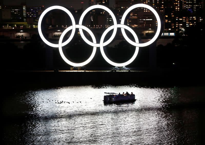 The giant Olympic rings are pictured, in Tokyo