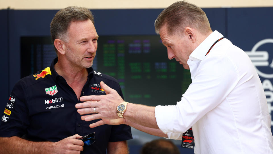 Red Bull's team principal Christian Horner (left) and Max Verstappen's father Jos (right) in discussion before practice sessions in Bahrain.