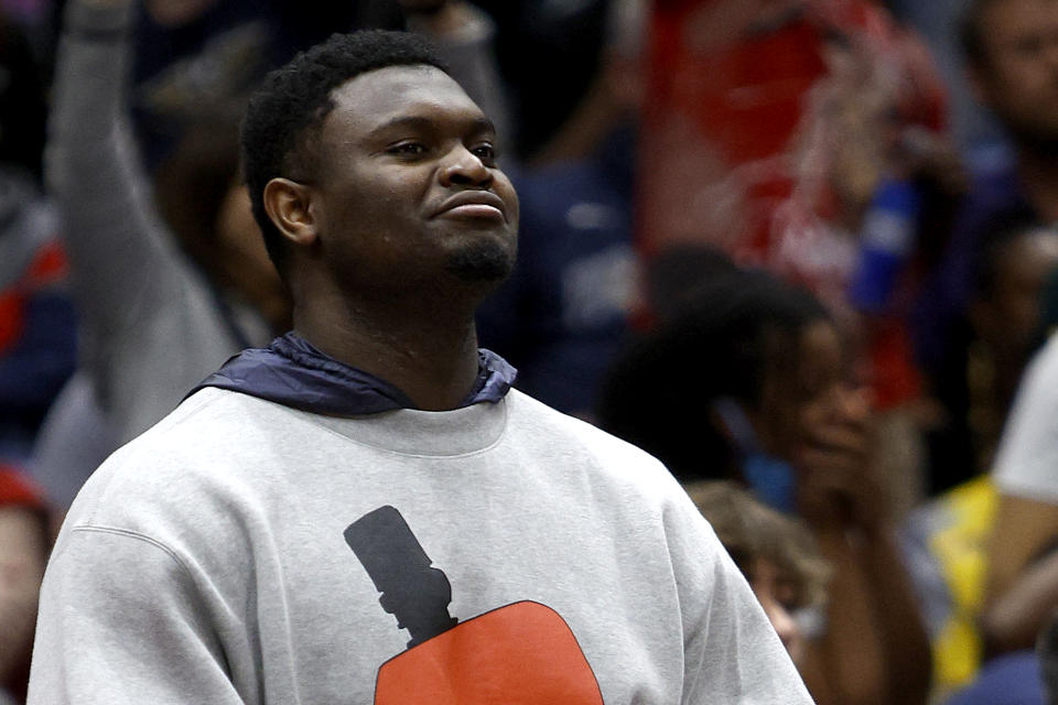 NEW ORLEANS, LOUISIANA - MARCH 15: Zion Williamson #1 of the New Orleans Pelicans stands next to the bench during the third quarter of an NBA game against the Phoenix Suns at Smoothie King Center on March 15, 2022 in New Orleans, Louisiana. NOTE TO USER: User expressly acknowledges and agrees that, by downloading and or using this photograph, User is consenting to the terms and conditions of the Getty Images License Agreement. (Photo by Sean Gardner/Getty Images) (Photo by Sean Gardner/Getty Images)