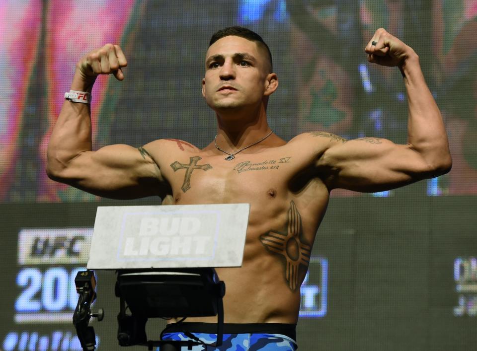 LAS VEGAS, NV – JULY 08: Mixed martial artist Diego Sanchez poses on the scale during his weigh-in for UFC 200 at T-Mobile Arena on July 8, 2016 in Las Vegas, Nevada. Sanchez will meet Joe Lauzon in a lightweight bout on July 9 at T-Mobile Arena. (Photo by Ethan Miller/Getty Images)