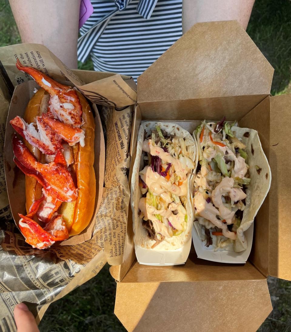 A warm lobster roll with butter on brioche and braised short rib tacos from Ohana Food Truck at the Jersey Shore Food Truck Festival at Monmouth Park Racetrack.