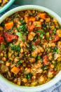 <p>We love lentil soup for its versatility. We add onion, carrot, celery, and garlic as a base, plus canned tomatoes and fresh thyme. Lentil soup of course also needs lentils. The 18 minute wait is the time the lentils take to cook.</p><p>Get the <a href="https://www.delish.com/uk/cooking/recipes/a30130882/instant-pot-lentil-soup/" rel="nofollow noopener" target="_blank" data-ylk="slk:Instant Pot Lentil Soup" class="link ">Instant Pot Lentil Soup</a> recipe.</p>