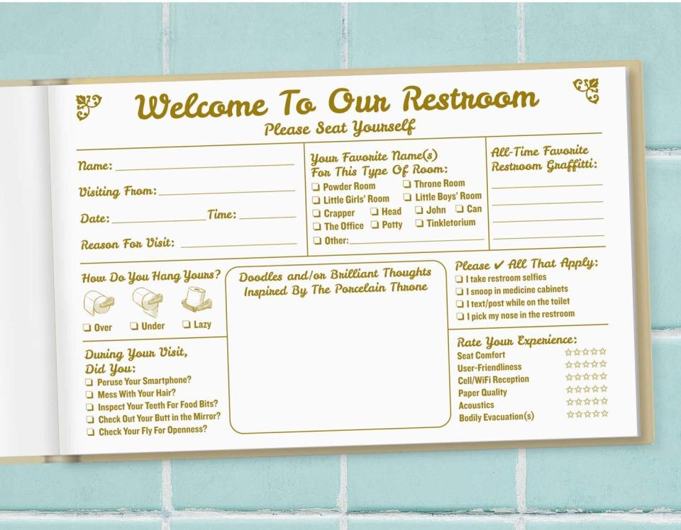 <a href="https://amzn.to/2REX7ap" target="_blank" rel="noopener noreferrer">This&nbsp;bathroom guest book</a><a href="https://www.amazon.com/Maad-Bathroom-Guest-Book-Housewarming/dp/B07H7SDXV6/ref=sr_1_6?keywords=bathroom+guest+book&amp;qid=1574525025&amp;sr=8-6">﻿</a> will give a laugh to the person who opens this gift, and the guests who visit their home in the future will get a kick out of it as well.